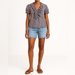AMERICAN LIVING Ruffle Front Blouse | M | Multicolor Stripe | Retro Preppy Y2K